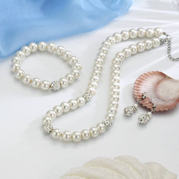 3-Piece Pearl and Shamballa Jewelry | White Gold Jewelry | 18k White Gold Pearl Jewelry Gift for Girls | Gadgets Angels