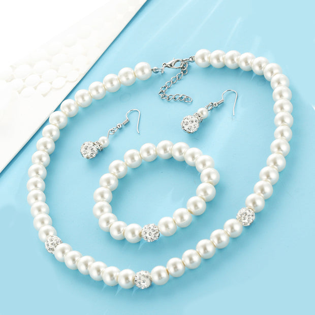 3-Piece Pearl and Shamballa Jewelry | White Gold Jewelry | 18k White Gold Pearl Jewelry Gift for Girls | Gadgets Angels