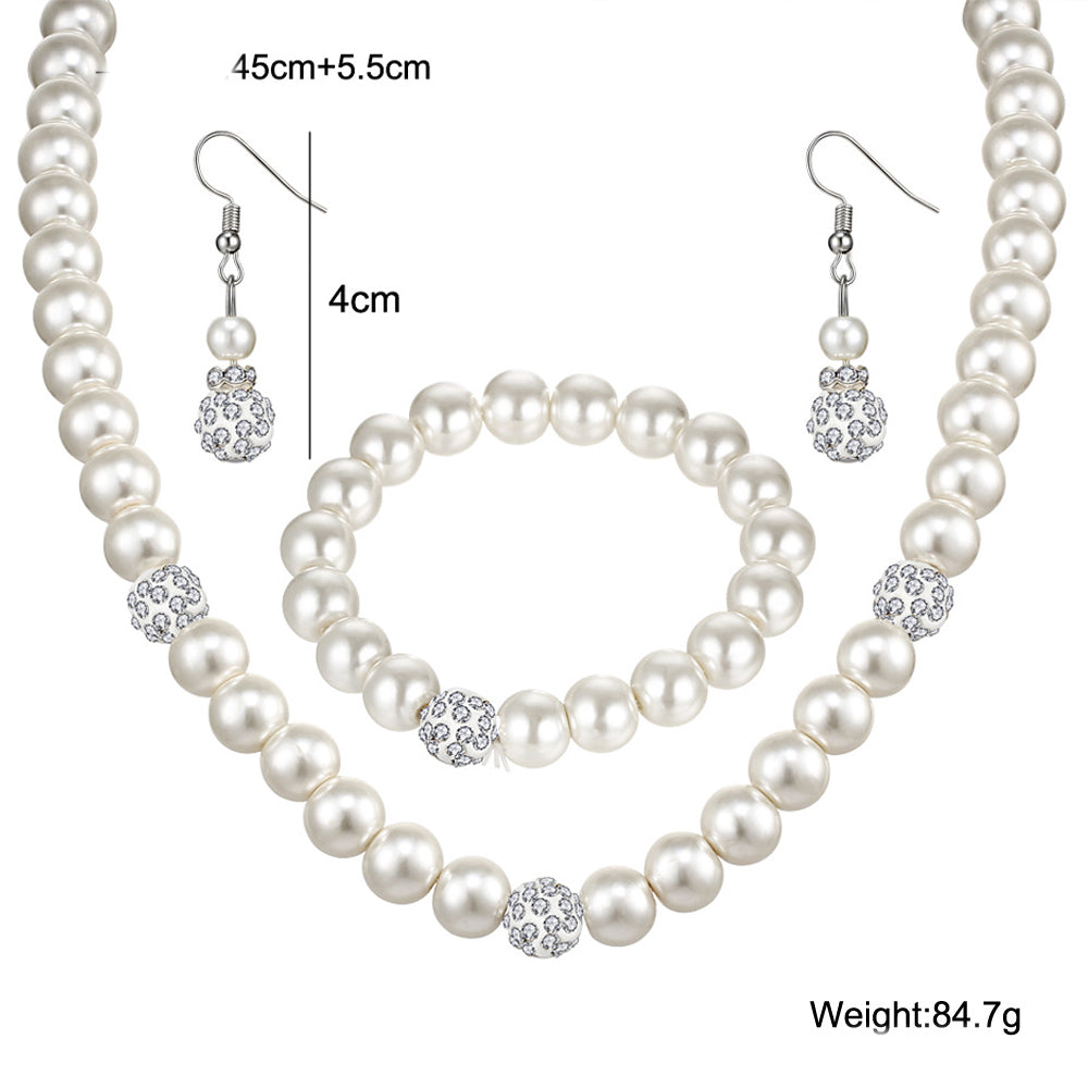 3-Piece Pearl and Shamballa Jewelry | White Gold Jewelry | 18k Pearl Necklace | Gadgets Angels