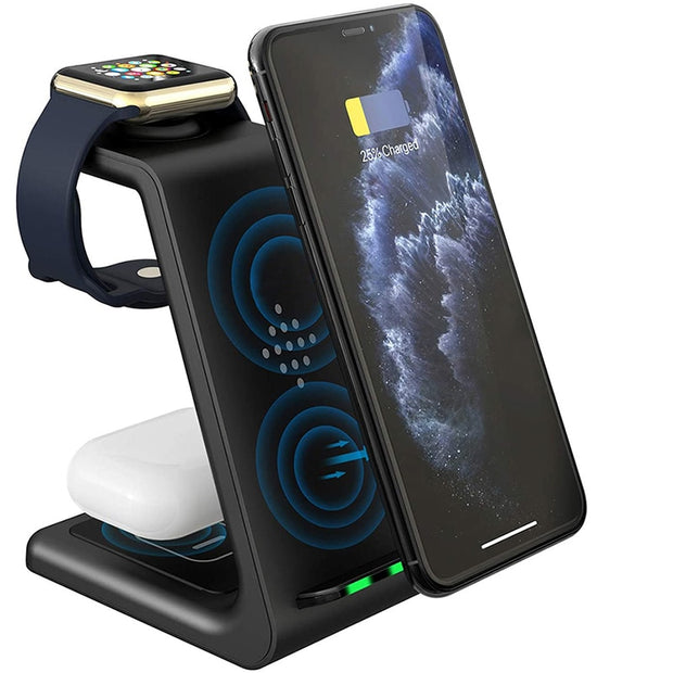 3 in 1 Wireless Charge Dock | USB Wireless Charge Station | Black 3 in 1 Wireless Charge Dock Station | Gadgets Angels